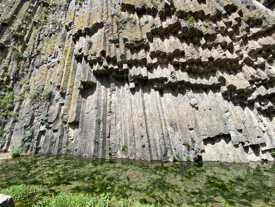 parete di rocce di basalto a forma esagonale che scendono in acque limpide verdi