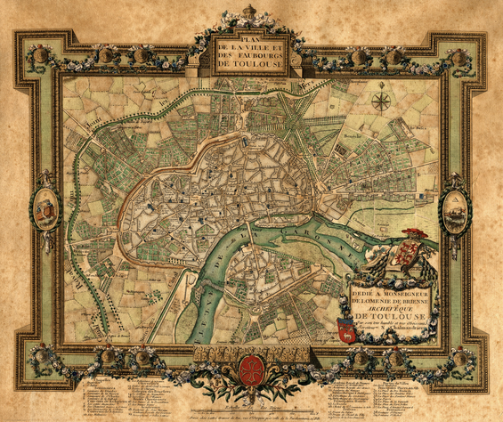 ꧁ Plan dédié à Monseigneur de Loménie de Brienne archevêque de Toulouse, par son très humble et très obéissant serviteur, Nicolas Chalmandrier, 1774. Nicolas Chalmandrier (graveur, Paris), Lattré (graveur du roi, Paris) ꧂