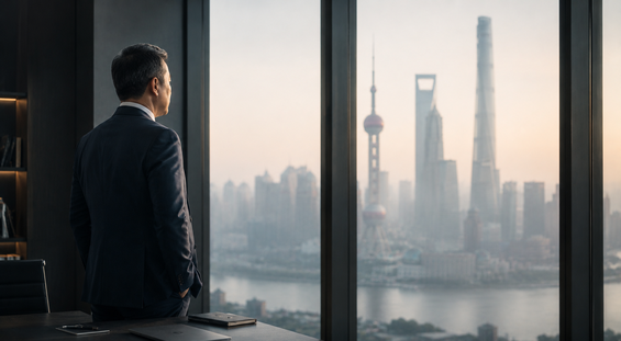 Chief Financial Officer (CFO) executive overlooking Shanghai during strategic financial leadership in China.