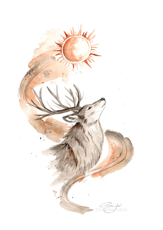 Hirsch, Sonne, deer, sun Tattoo, Tätowierung, tatoo, Körperkunst, Entwurf, Design, Aquarell, Illustration, contemporary art, zeitgenössische Kunst, spirit, healing art, watercolour, watercolor