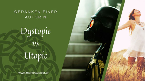 Dystopie und Utopie, ein Bild mit einem Mann in Gasmaske und eines mit einer fröhlichen Frau