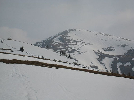Der Mallnock mit seiner Gipfelflanke, von rechts zieht die Aufstiegsspur der Variante 1 herauf