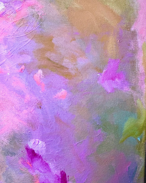 Pfirsichpink und hellrosa Ölpastell und Acryl auf natürlicher Leinwand,wolkiger Farbauftrag und ruhige Stimmung, Detailaufnahme der Pinselstrukturen