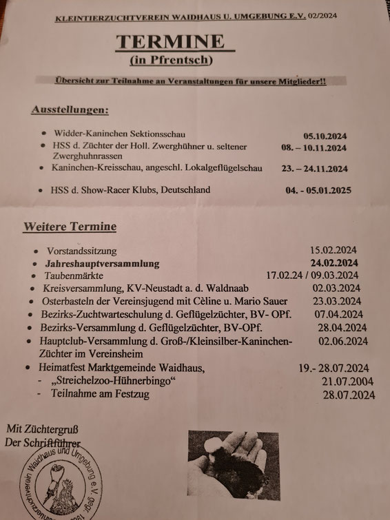 Veranstaltungen und Termine beim KTZV Waidhaus u.U.