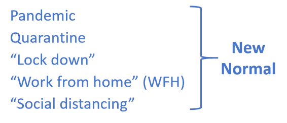 Text List "Pandemic, Quarantine, "Lock down", "Work from Home" (WFH), "Social distancing." Bracket to right encompasing all words in list. Text next to bracket "New Normal" 