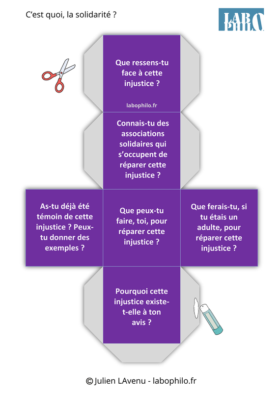 Dés de la solidarité. Philosophie pour enfants. Dés de discussion gratuits. PDF gratuit. Jeu philo gratuit PDF. Pratique philosophique. Philosophie pour adolescents. Solidarité. Altruisme. Coopération. Fraternité. Vivre ensemble.