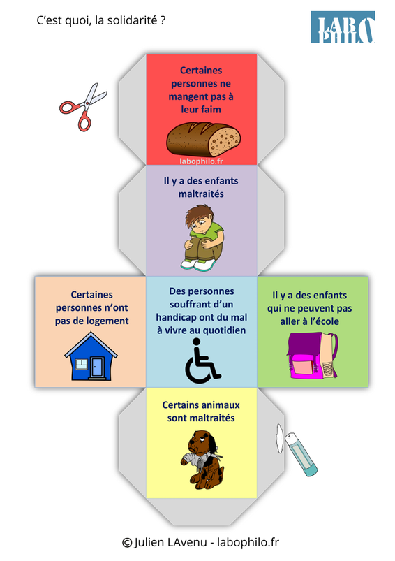 Dés de la solidarité. Philosophie pour enfants. Dés de discussion gratuits. PDF gratuit. Jeu philo gratuit PDF. Pratique philosophique. Philosophie pour adolescents. Solidarité. Altruisme. Coopération. Fraternité. Vivre ensemble.