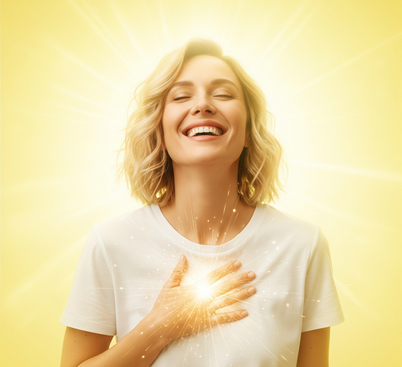 A smiling woman receiving positive healing energy, representing life transformation and subconscious energy work