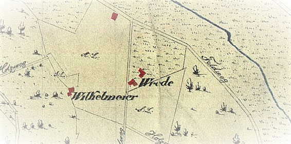 Auszug aus Karte der Steuergemeinde Eslohe 1830, gezeichnet durch den Geometer Linzen. Vermutlich handelt es sich bei der Hofstelle „Wrede“ um das spätere Eigentum von Mathias Rötz. In unmittelb. Nachbarschaft befindet sich Winkelmeyers Anwesen.