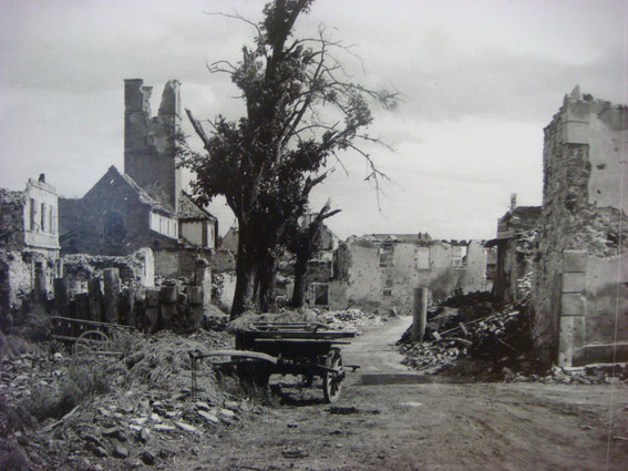 Sigolsheim Rue Principale with a tank roadblock in front a few months after the Battle.(Photo courtesy Aimé Haubtmann and Société d'Histoire de Sigolsheim)