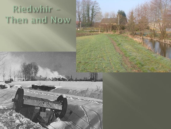 Communication wire runs into Riedwihr over the base of an overturned German PaK40 anti-tank gun (photo courtesy www.dogfacesoldier.org)