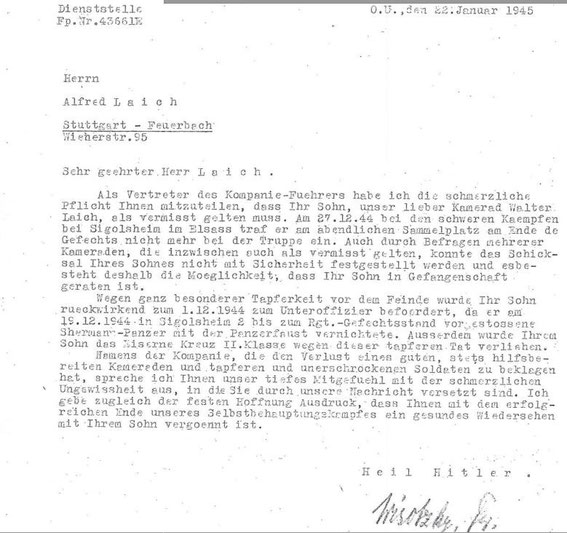 Letter to Walters Parents after he became M.I.A  (Letter courtesy Family Roland Laich)