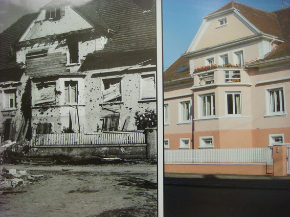 Sigolsheim after the Battle and today. (Photo courtesy Aimé Haubtmann and Société d'Histoire de Sigolsheim)