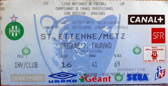 21 oct. 2000: AS St Etienne - FC Metz - 12ème Journée - Championnat de France (2/0 - 30.000 spect.)