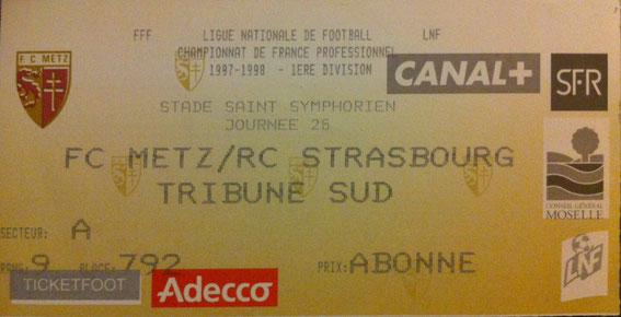 13 févr. 1998: FC Metz - RC Strasbourg - 26ème Journée - Championnat de France (1/0 - 17.196 spect.)