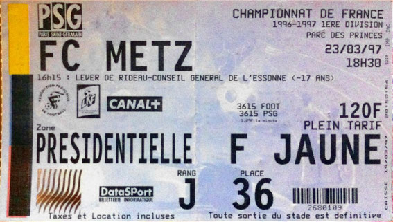 23 mars 1997: Paris SG - FC Metz - 30ème Journée - Championnat de France (2/0 - 36.309 spect.)