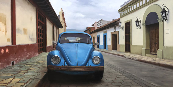 Scott Duce, "Vocho Viejo #36," 2018, oil on panel, 20 x 40 inches, SOLD