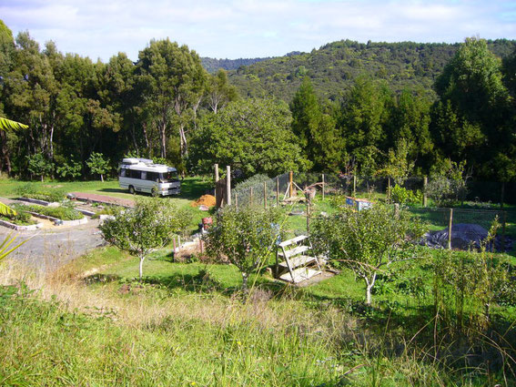 Blick über den Gemüsegarten und das Hühnergehege von Waiora Gardens