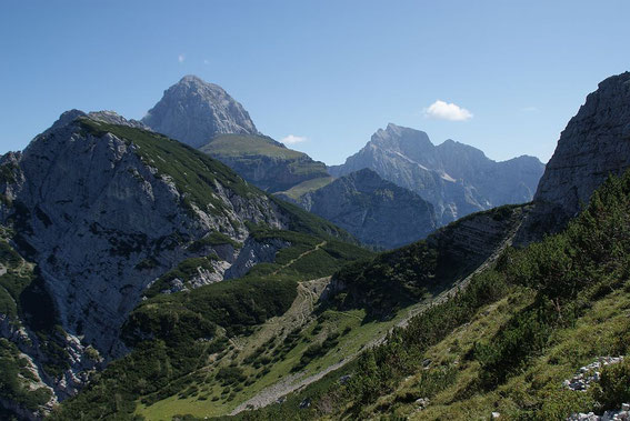 Der Blick zurück zum Sella Ursic, im Hintergrund grüßen Mangart (links) und Jalovec (rechts)