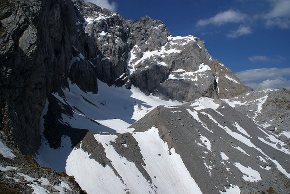 Nach rund 2,5h Aufstieg der Blick von Osten zum Gletscher: Wenig Schnee.