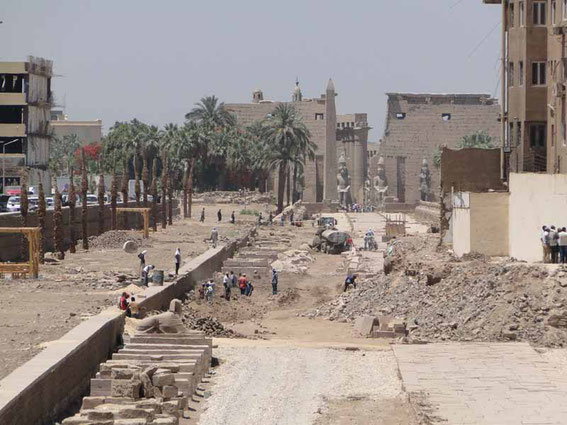 The alley starts at the front of the Luxor Temple...