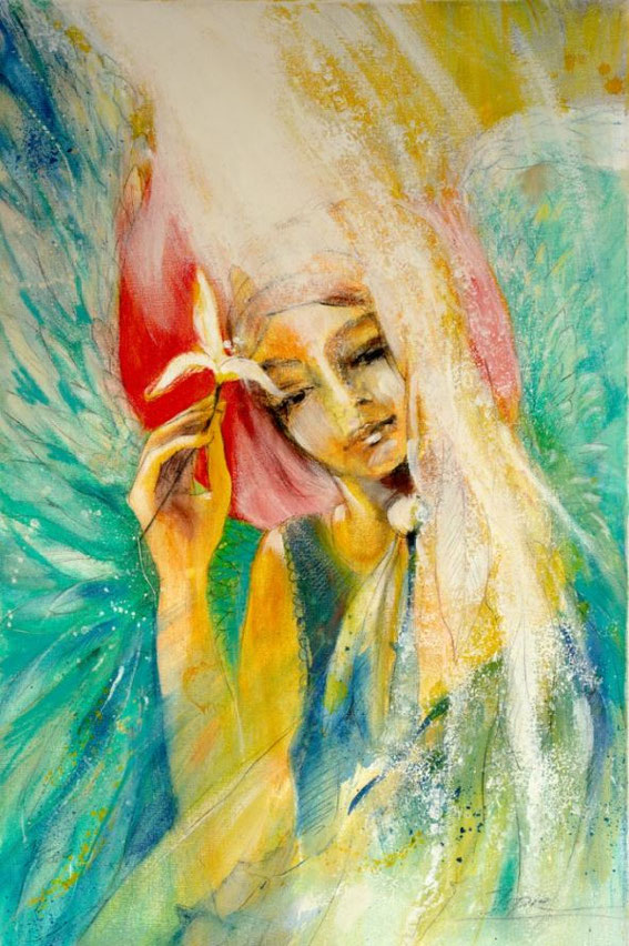 Wanbild Engelbild Leinwandbild Engelgemälde Engel der Selbstliebe gemalt von Jopie Bopp, Farbe Türkis und Gelb