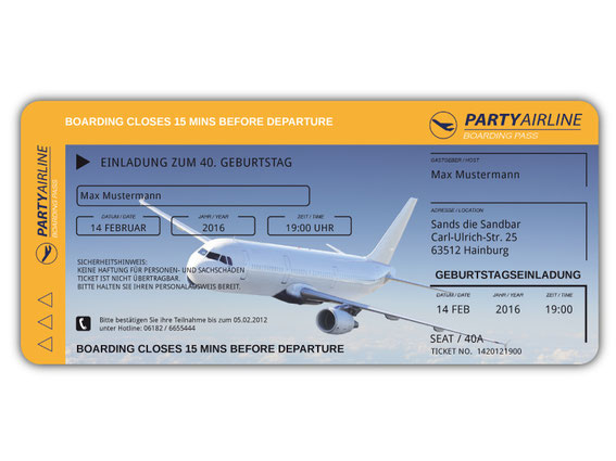Einladungskarten Flugticket Geburtstag Hochzeit ...