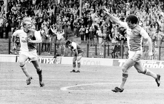 Simon Barker celebrates a Rovers goal with Simon Garner. Barker left Rovers for QPR in July 1988 for £400,000, it was the largest fee that Rovers had received for a player at that time and a club record signing for the Loftus Road club.