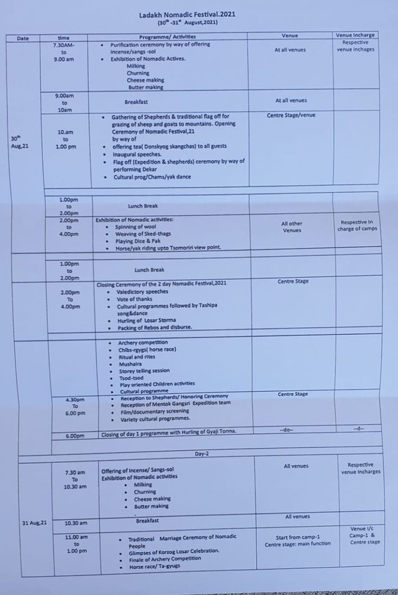 Programm of Ladakh Nomadic Festival 2021