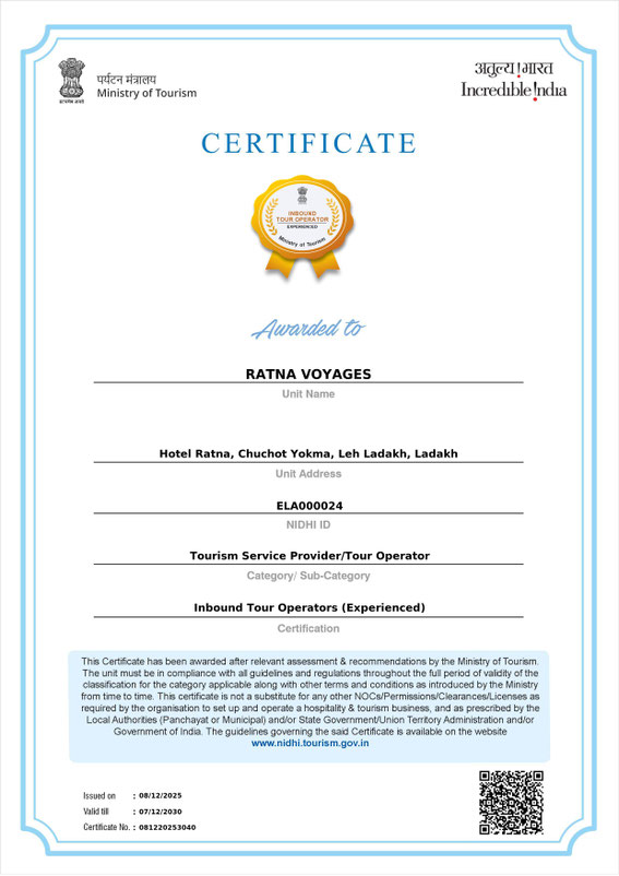 NIDHI Certificate 2026 Inbound Tour Operator Experienced