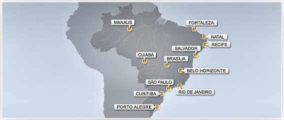 Localisation des douze stades brésiliens accueillant les matches de la Coupe du Monde 2014.