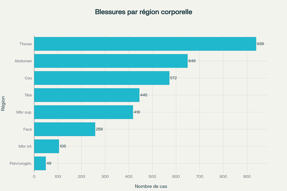Distribution des blessures par régions corporelles - Attaques au couteau en Afrique du Sud