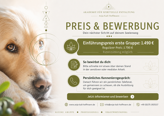 Preis und Bewerbung für die Tierkommunikation Ausbildung Einführungspreis 1490 Euro Ratenzahlung möglich