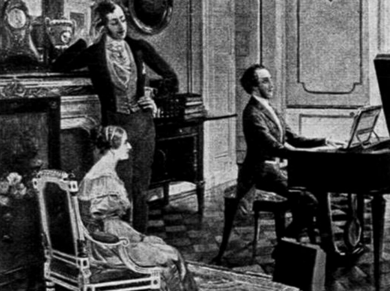 Mendelssohn tocando el piano ante la Reina Victoria y el Príncipe Alberto. Palacio de Buckingham.