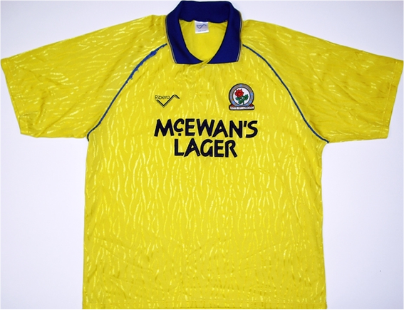 Away shirt and the first to feature the McEwans Lager sponsor. Worn when the side won promotion to the Premier League after beating Leicester City in the Division 2 Play-Off Final at Wembley in Kenny Dalglish's first season in charge.