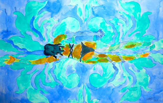 Thomas Landt - " Schwimmerin ist, wer farbig krault " - Aquarell auf Büttenpapier - 35 x 50 cm - 2014 - Privatbesitz - Sylt