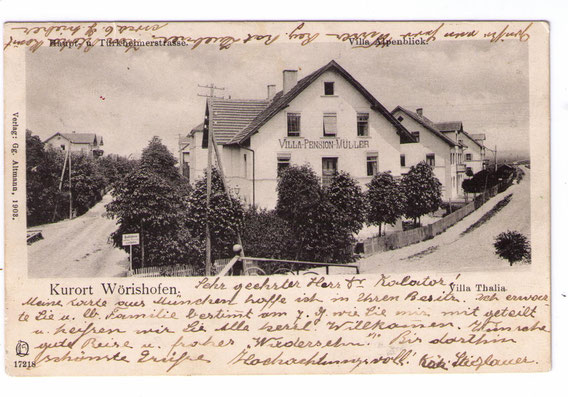 Pension Müller in Wörishöfen, wie K. M. sie kennengelernt hat – Postkarte beschrieben von Pensionsbesitzerin Käti Stieglauer