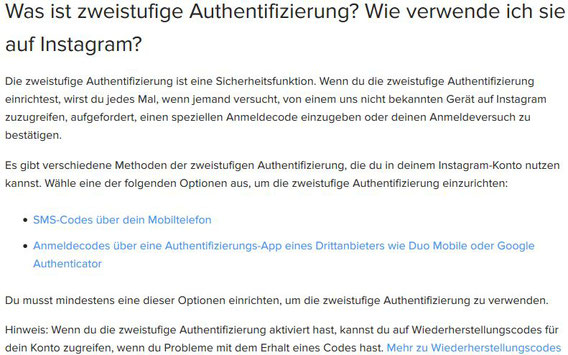 Handy verloren gestohlen zweistufige Authentifizierung oder 2-Faktor-Authentifizierung bei instagram Wiederherstellungscodes vergessen