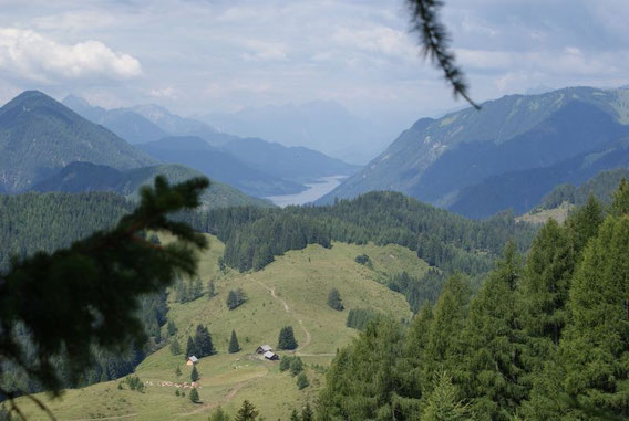 Im Tal liegt der Weißensee, im Vordergrund die Gasser Alm