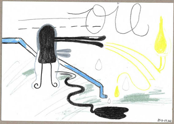 'Extraction of raw materials in the Mirror of Time 3', coloured pencil and pencil on paper,14,8cm x 21cm, 2019 courtesy: Galerie Crone Berlin Wien and Galerie Loevenbruck Paris