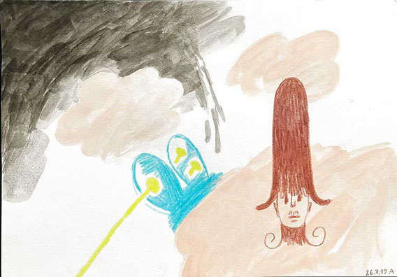 'Extraction of raw materials in the Mirror of Time 6', coloured pencil on paper,14,8cm x 21cm, 2019 courtesy: Galerie Crone Berlin Wien and Galerie Loevenbruck Paris