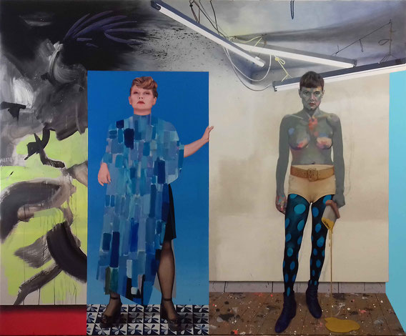 'Tina im Kupkakleid und ich mit Pinsel' ('Tina wearing the Kupkadress and me with a brush'), 280cmx230cm, acrylic on canvas, 2017; courtesy Sammlung Mumok Wien