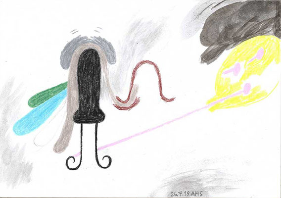'Extraction of raw materials in the Mirror of Time 4', coloured pencil and acrylic on paper,14,8cm x 21cm, 2019 courtesy: Galerie Crone Berlin Wien and Galerie Loevenbruck Paris