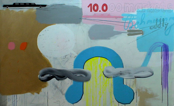 "10.000 markets behaving oddly"  2m40x1m40 acrylic, pencil+crayon on canvas 2010; courtesy Land Salzburg