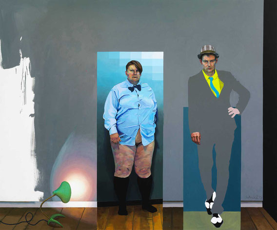 "Jakob + Hans mit Krähenfußlampe vor monochromem Bild" Acryl auf Leinwand, 280 x 230 cm, 2012; courtesy: Ernst Herold Wien