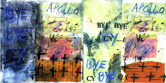 Bye bye, Cy, 20x40cm, 2011, Mischtechnik, Collage, Transferbuchstaben, Wachs auf Malpappe.