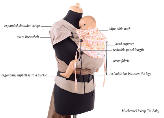 Huckepack Wrap Tai, wrap conversion, adjustable panel, ergonomic hipbelt with buckle, expanded shoulder straps, fits from birth on.