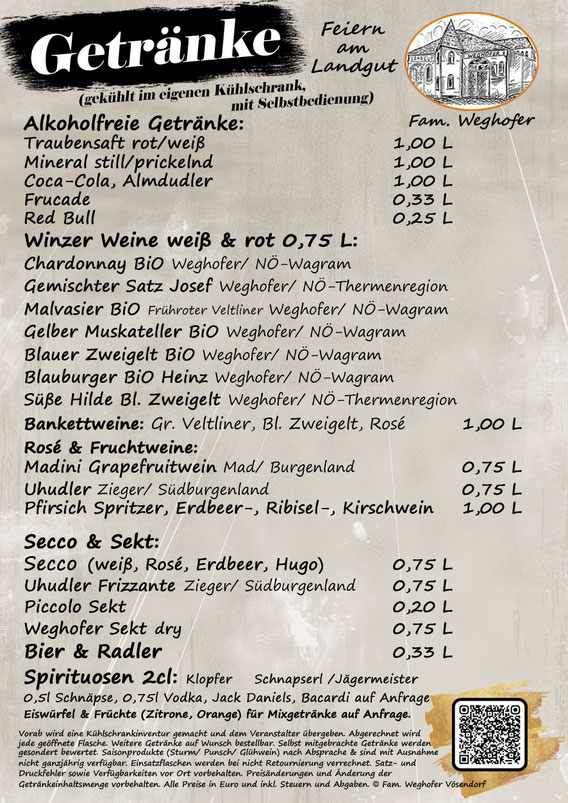 Feiern am Landgut, Getränke, Sortiment, trinken, Landgut Weghofer, Rote Hütte, Winzer, Wein, Sturm, Punsch, Familie Weghofer, Vösendorf, Wien Süd, Essen, Landgut Lounge, Weghofer Alm, Vinothek Studio, Bezirk Mödling