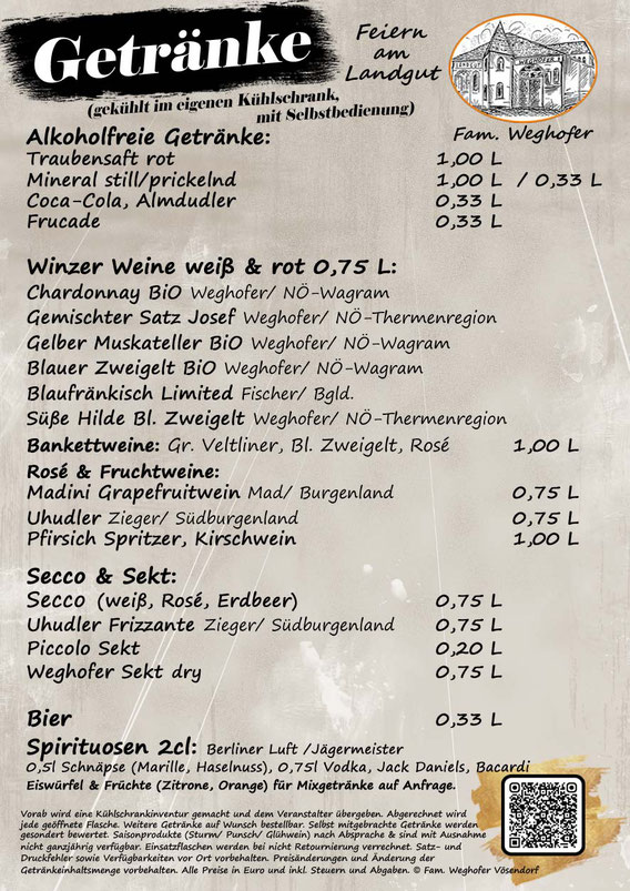 Feiern am Landgut, Getränke, Sortiment, trinken, Landgut Weghofer, Rote Hütte, Winzer, Wein, Sturm, Punsch, Familie Weghofer, Vösendorf, Wien Süd, Essen, Landgut Lounge, Weghofer Alm, Vinothek Studio, Bezirk Mödling