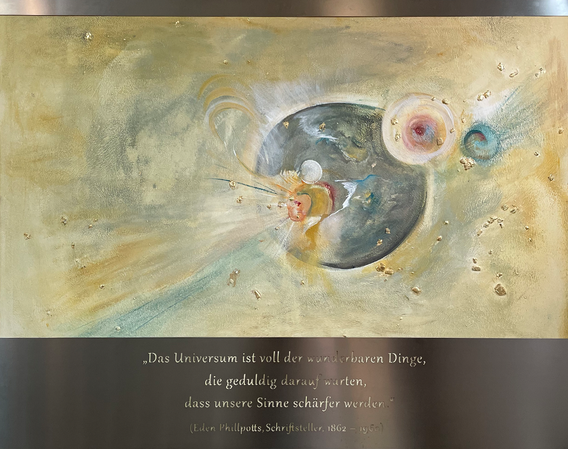 Uni- VERS -um, Versatile _ Sinne schärfen für Vielseitiges, Acryl- Mischtechnik in gelaserter Edelstahlrahmung, 120 cm x 150 cm, 2024